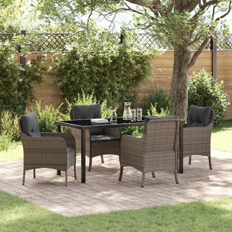 vidaXL Garten Essgruppe aus Poly Rattan und Metall mit Glasplatte und Kissen in Grau, 5-teilig - Bild 1