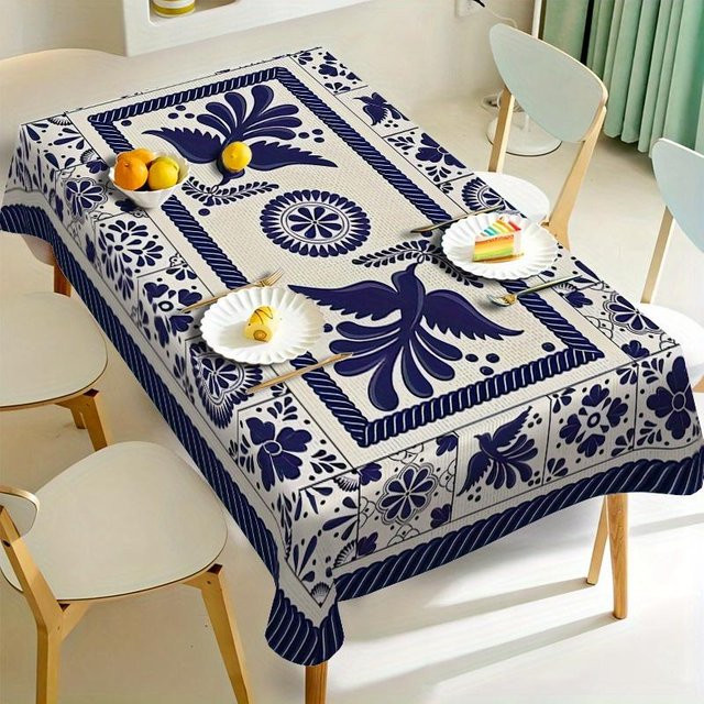 Rechteckige Tischdecke von JMG Household Supplies mit mexikanischem Blumen-Vögel-Motiv in Blau, wasserabweisend und waschbar, B/T: 140 x 140 cm - Bild 1