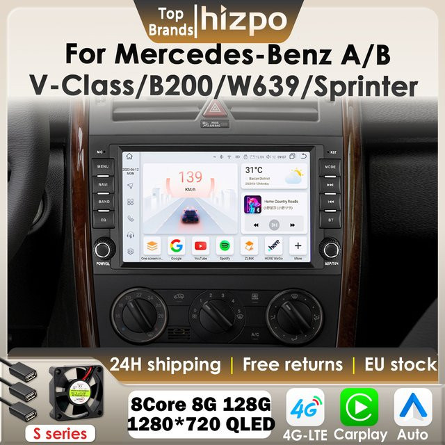 Hizpo 8 Zoll CarPlay und Android Auto Autoradio mit GPS und 4G für Mercedes Benz A-Klasse B200 W169 W245 W906 Sprinter W639 Vito Viano in Schwarz - Bild 1