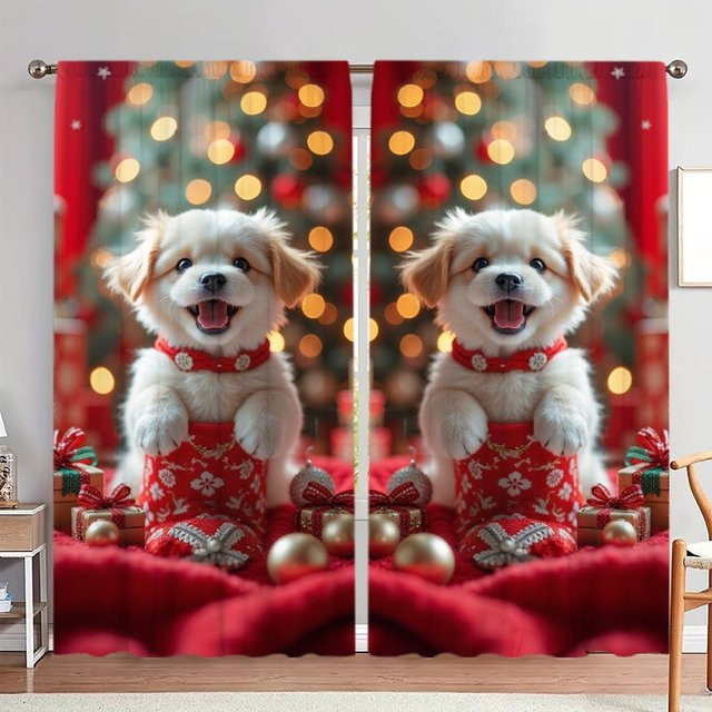 2er-Set dekorative Vorhänge mit Welpen-Motiv in Weihnachtsatmosphäre von Household supplies MH, halbtransparent, Polyester, B: 76 cm, H: 165 cm - Bild 1