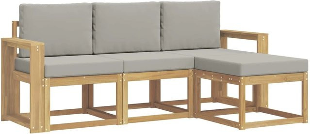 vidaXL Outdoor-Sofagarnitur 4-teilig in L-Form aus Akazienholz mit Polstern in Weiß und Hellgrau - Bild 1