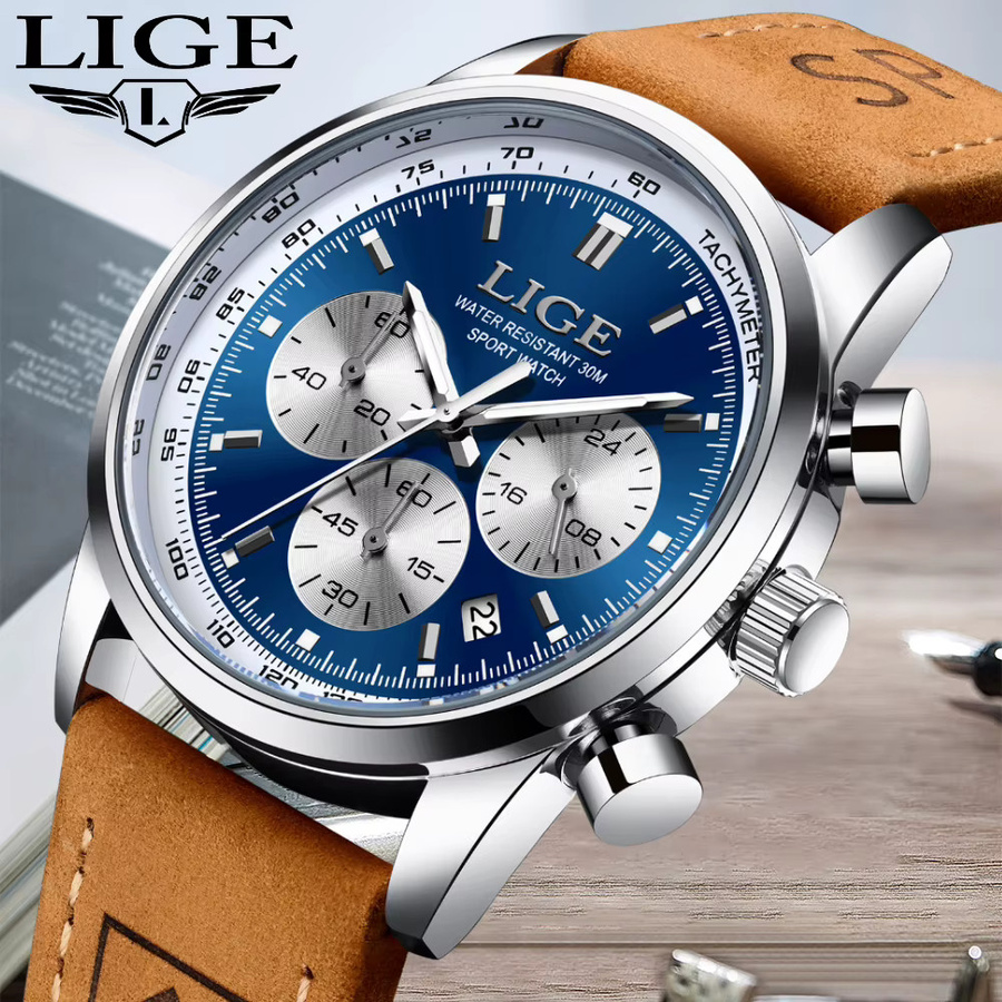 LIGE Armbanduhr Chronograph, Quarz, Leder, Schwarz, Herren - Bild 6