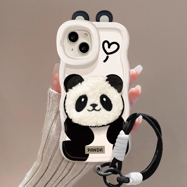 Niedliche Plüsch-Panda Handyhülle aus Silikon mit Lanyard für Apple iPhone 16 Pro, 15, 14 und XR sowie Honor 60 in Weiß - Bild 1