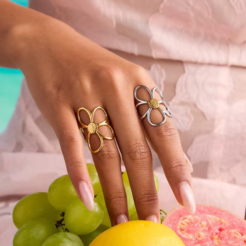 Loe Ring Blume, Edelstahl, Gold, Damen, Vintage - Bild 1