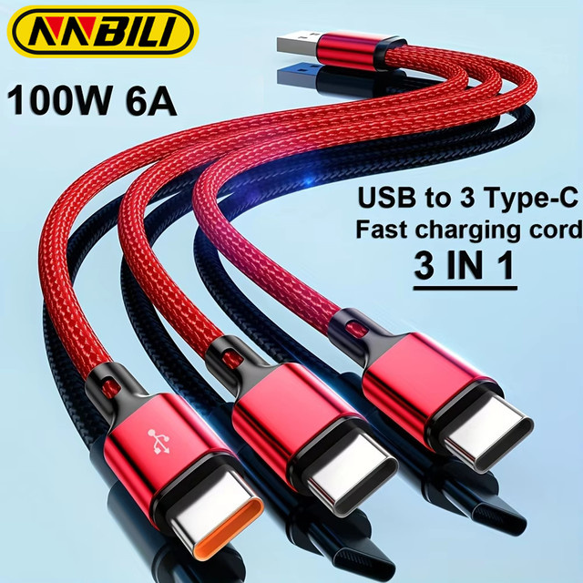 NNBILI 3-in-1 USB-C Schnellladekabel 100W 6A in Rot für Samsung Xiaomi Huawei und Android-Smartphones zur Datenübertragung - Bild 1