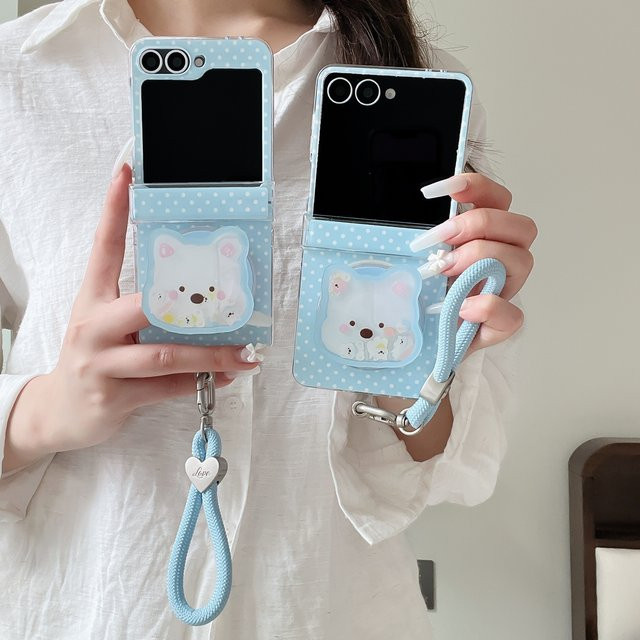 Magnetische Polka-Dot Handyhülle für Samsung Galaxy Z Flip6 7 7FE mit Magsafe Shake Stand Kette in Blau - Bild 1