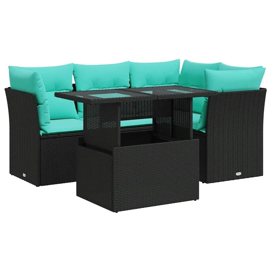 vidaXL 5-teilige Garten-Sofagarnitur in L-Form aus Polyrattan und Akazie mit Kissen in Schwarz - Bild 2