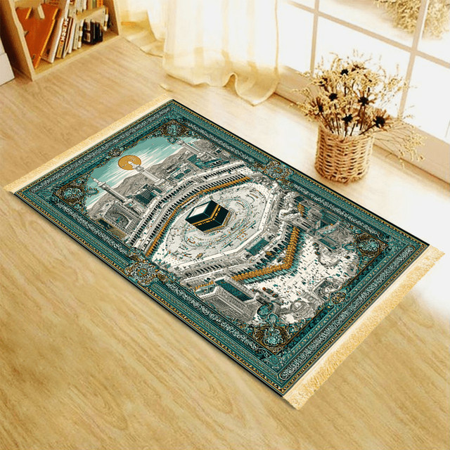 VIKAMA Gebetsteppich Heilige Stadt Panorama mit Kaaba-Muster in Blaugrün-Gold, rutschfeste islamische Gebetsmatte mit Quasten - Bild 1