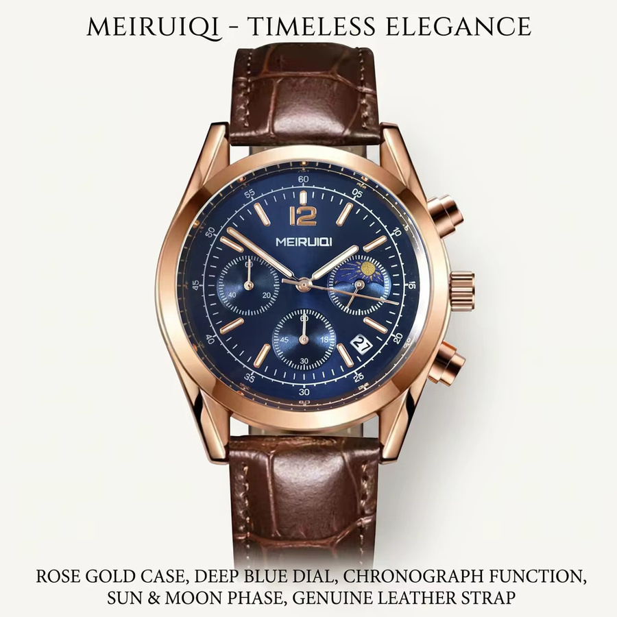 MEIRUIQI Chronograph Armbanduhr, Quarz, Lederarmband, Blau, Herren - Bild 6