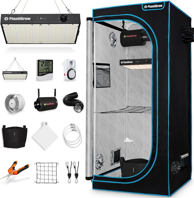PlantiGrow Growbox Komplettset für Indoor-Anbau mit 150W dimmbarer LED Vollspektrum, Carbon-Filter und Ventilator, Farbe: Schwarz, B/T/H: 60 x 60 x 180 cm - Bild 1