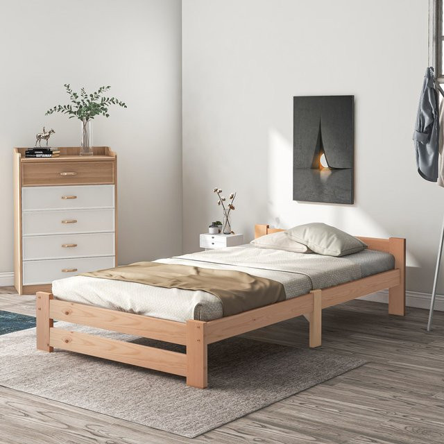 Aosom Massivholzbett aus Kiefernholz mit Kopfteil und Lattenrost in Naturfarbe, B/T: 90 x 200 cm - Bild 1