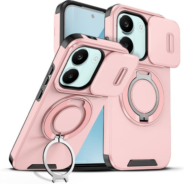 Xiaomi Redmi 15C Handyhülle mit Schiebe-Kameraabdeckung, Ringhalter und magnetischer Autohalterung in Pink - Bild 1