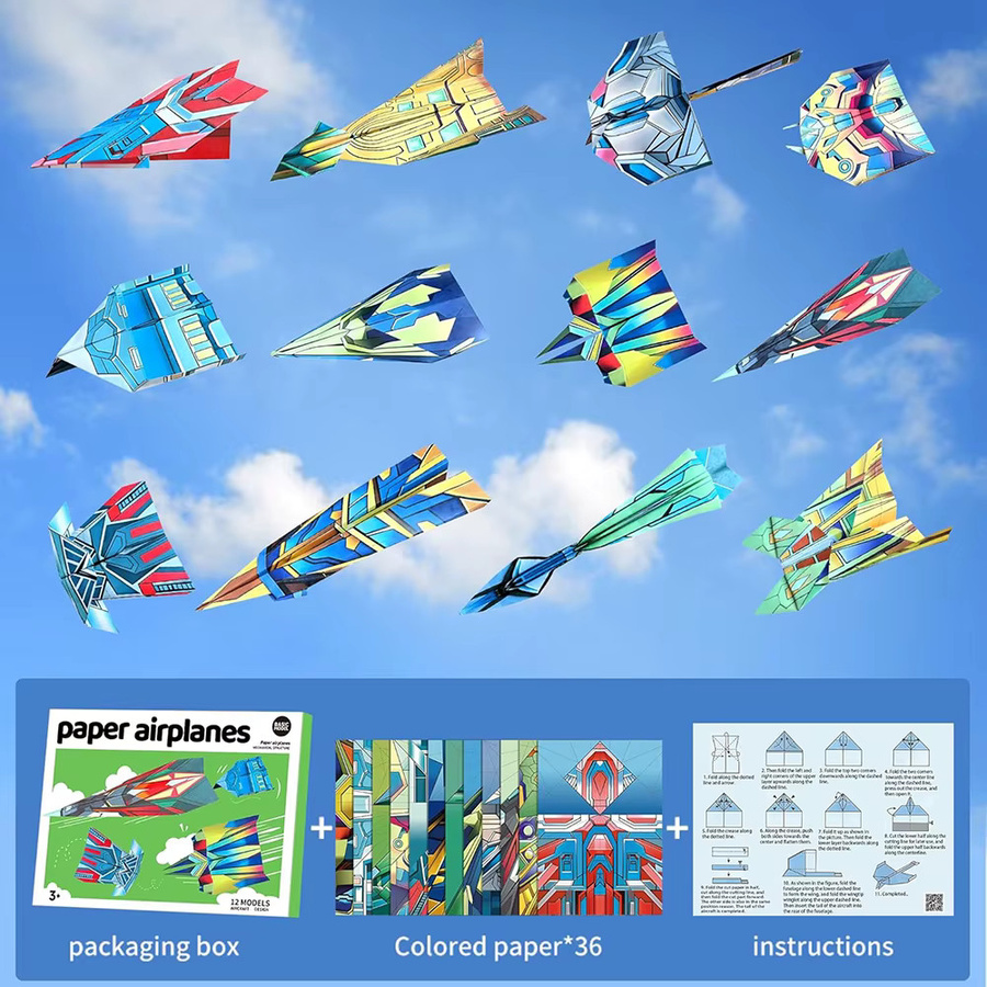 Klassisches Weltrekorde Papierflugzeug-Set aus buntem Origami-Faltpapier für Kinder und Schüler, DIY Bastelspielzeug zum Basteln von Weltraum-Motiven, Mehrfarbig - Bild 3