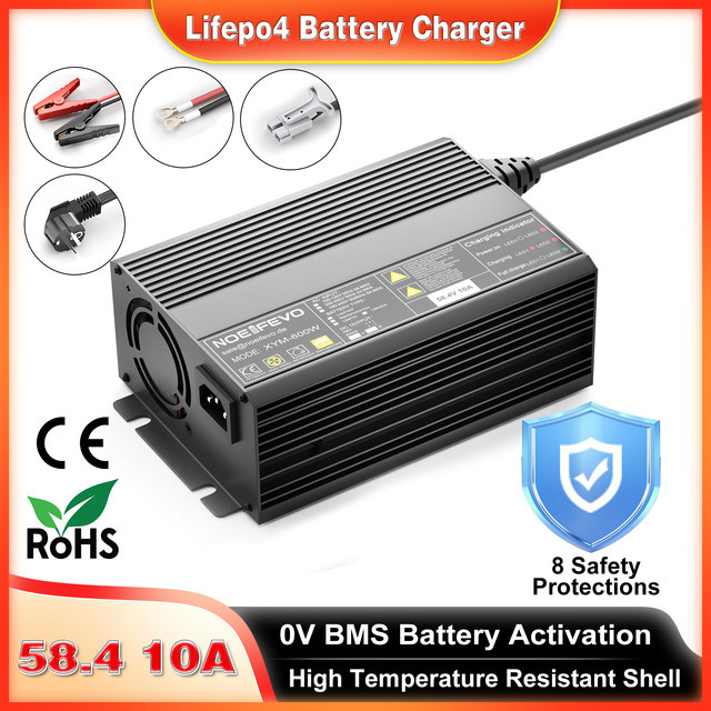 NOEIFEVO LiFePO4 Batterieladegerät 48V 51.2V 58.4V 10A 16S Schnellladegerät mit 0V BMS-Aktivierung und 8 Schutzfunktionen in Schwarz für Golfwagen und Wohnmobile - Bild 1