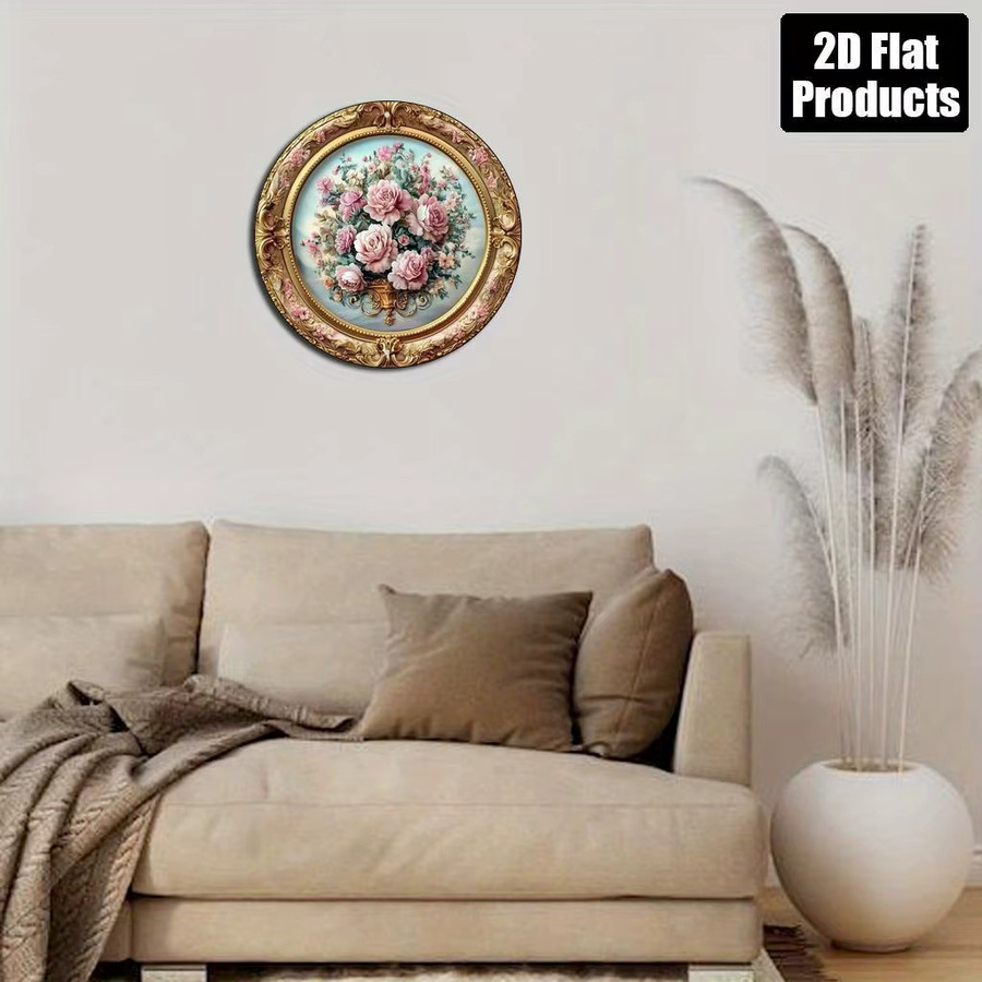 Potdemiel Rundes Aluminium-Wandkunstschild mit floralem Rosenmuster in Rosa und Gold, Vintage Metall-Wanddeko, Durchmesser: 20,3 cm - Bild 4