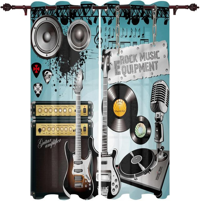 Yiran Furniture Vorhänge mit Musikmotiv, 2er-Set, Blau, halbtransparent, B: 50 cm, H: 130 cm - Bild 1