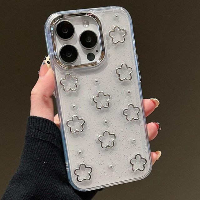 INS Korea Handyhülle mit silbernen 3D Blumenperlen und Glitzer für iPhone 11 bis iPhone 16 Pro Max, Transparent - Bild 1
