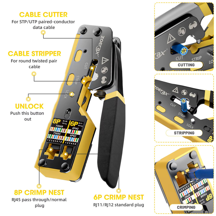 ZoeRax RJ45 Pass Through Ethernet Crimpzange für Cat6 Cat5 Cat5e in Gelb mit Ersatzklinge - Bild 2
