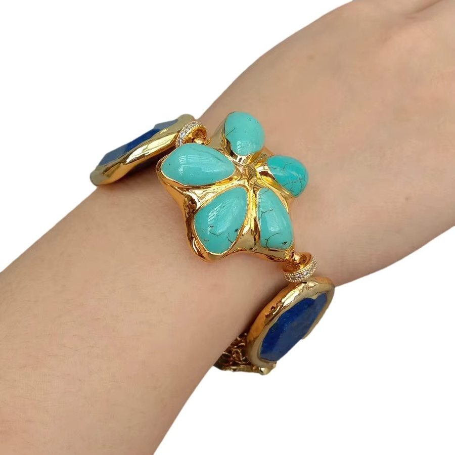 YYGEM Armband, Blaues Lapislazuli, Türkis-Blume, weiße Biwa-Perle, Gold - Bild 3