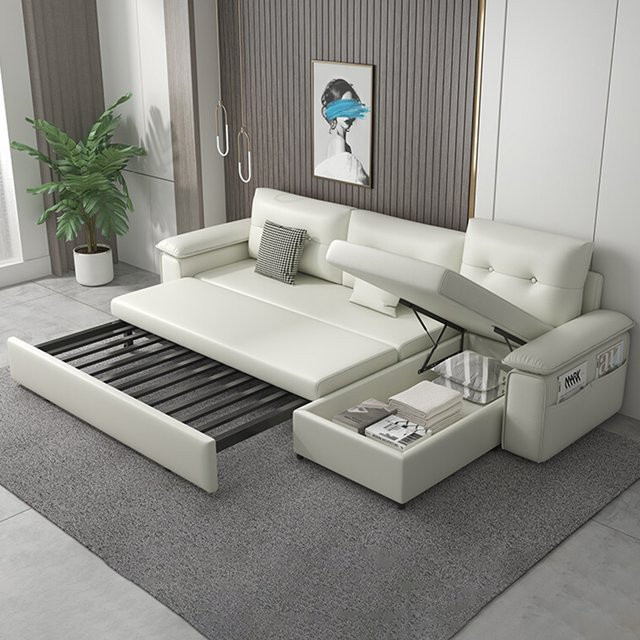SAT modernes Designer-Schlafsofa in L-Form aus weißem Leder mit Stauraum - Bild 1