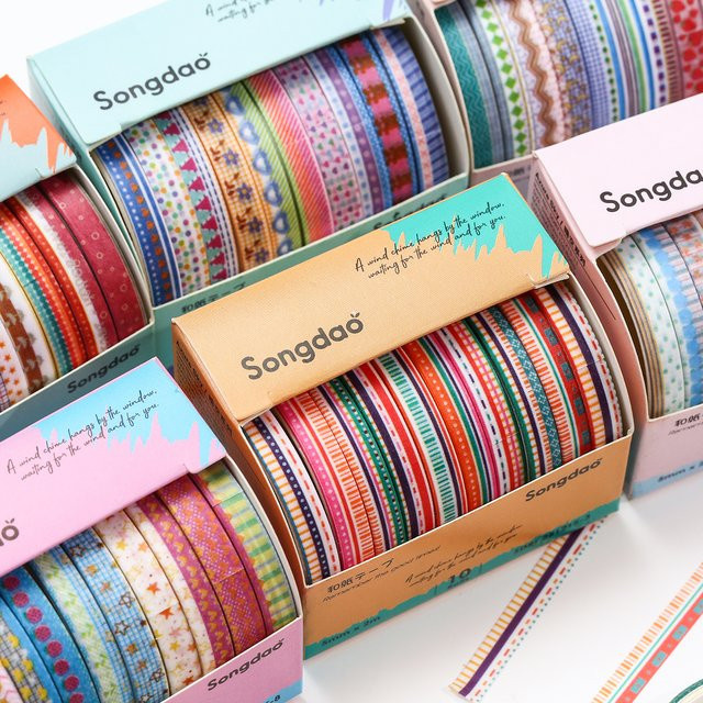 10 Rollen Retro-gestreiftes Washi-Tape-Set in Multicolour, handgefertigtes Masking-Tape aus Papier für Scrapbooking und DIY-Journaling - Bild 1