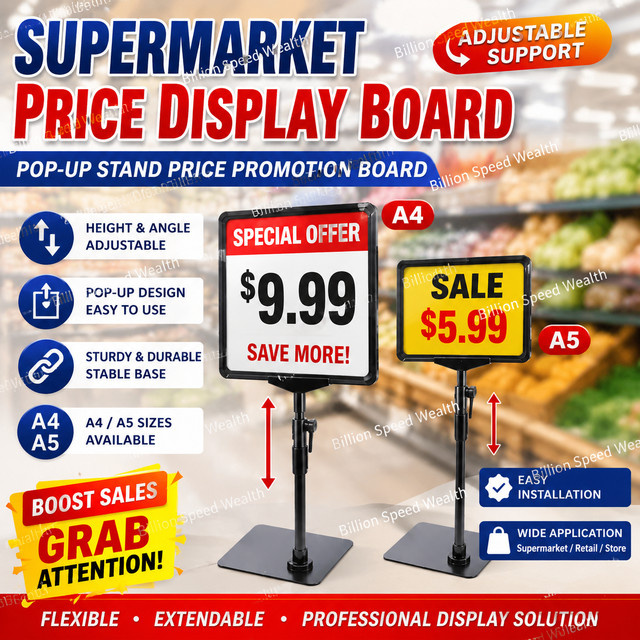 Mobile Preisanzeigetafel mit verstellbarem Ständer aus Metall in Schwarz für professionelle Supermarkt-Werbung - Bild 1