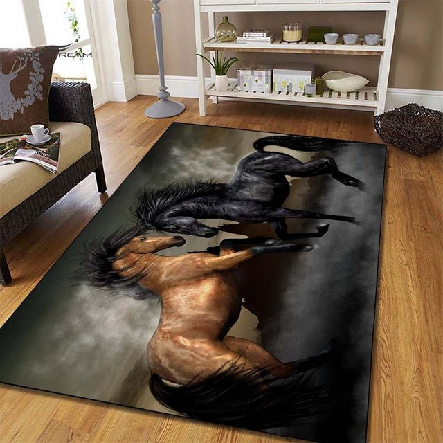 VIKAMA Teppich mit Kampfenden-Pferdemotiv in Schwarz und Braun, rutschfeste und waschbare Wildtier-Bodenmatte für Wohnzimmer und Schlafzimmer, B: 120 cm, T: 80 cm - Bild 1