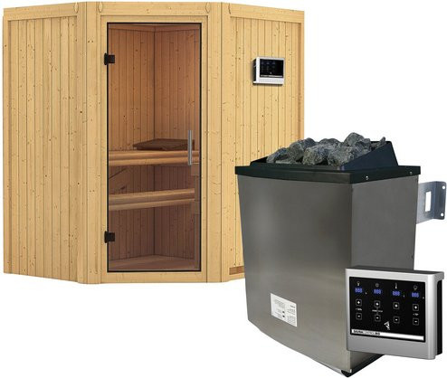 Karibu Sauna Narva in Beige mit 9 kW Saunaofen und externer Steuerung für 3 Personen, Fichte - Bild 1