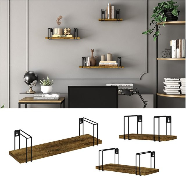 Vicco Wandregal Fyrk in Antikholz-Optik Schwarz und Braun, 3-teiliges Set für dein Wohnzimmer - Bild 1