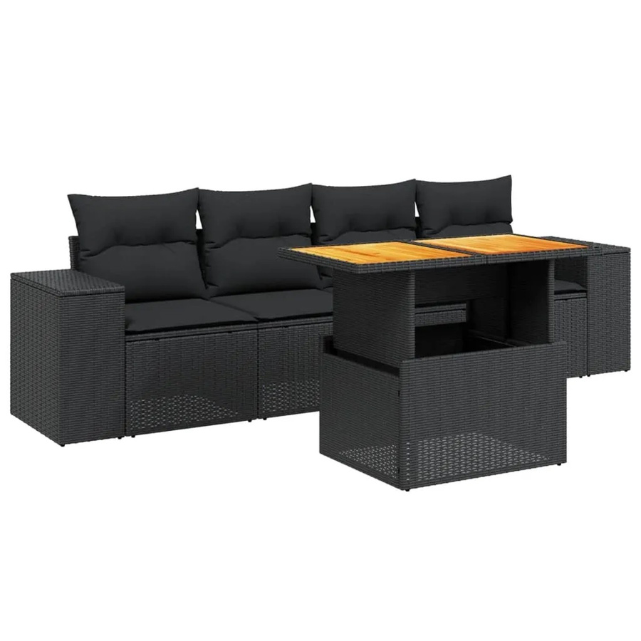 vidaXL 5-teilige Garten-Sofagarnitur aus Poly-Rattan und Akazienholz in Schwarz mit Kissen - Bild 2