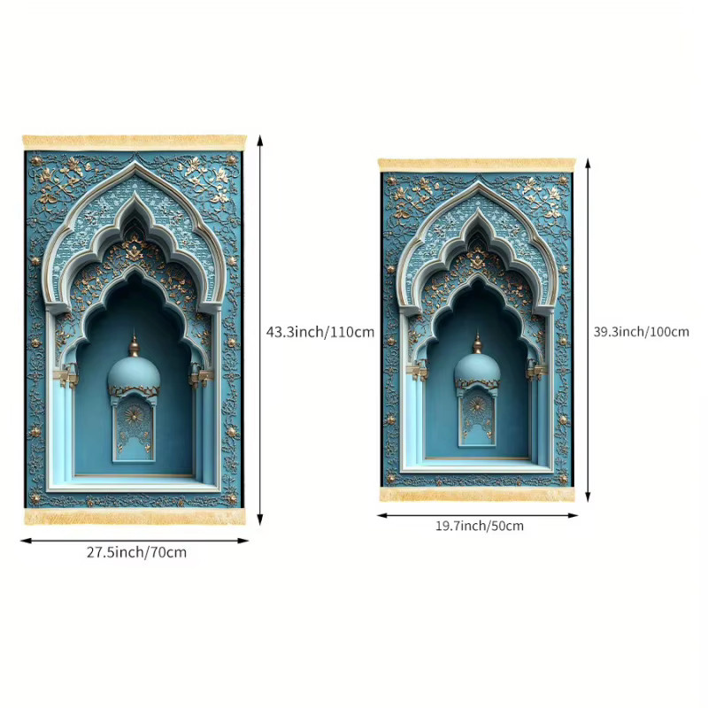 VIKAMA Gold Luxus-Gebetsteppich in Blau, rutschfest, maschinenwaschbar und mit Quasten, orientalisches Design - Bild 3