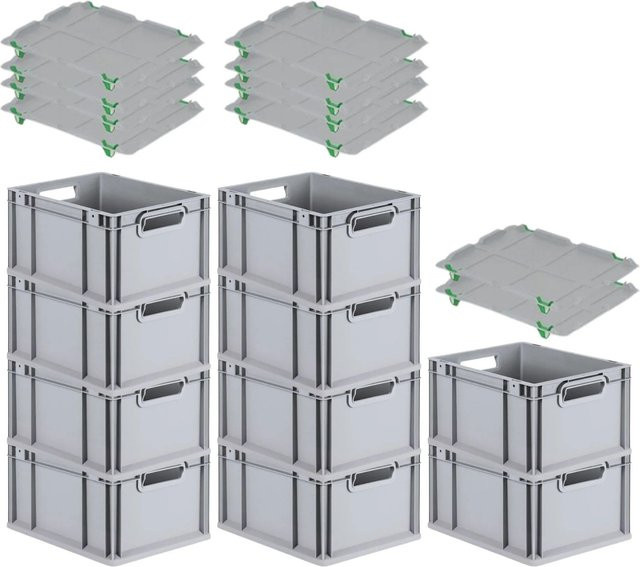 PROREGAL SparSet 10x Eurobox NextGen Grip mit Auflagedeckel und 4 grünen Schiebeschnappverschlüssen, Grau, H x B x T: 22 x 30 x 40 cm, 20 Liter - Bild 1