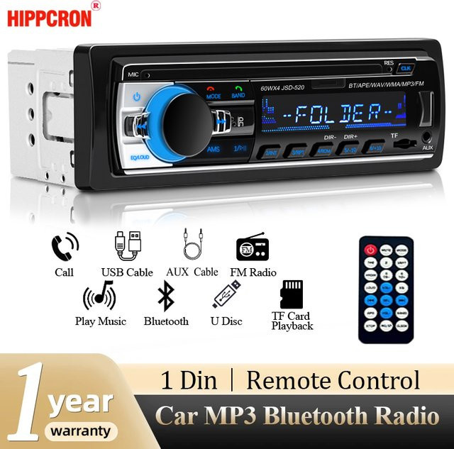 Hippcron 1DIN Stereo Multimedia Autoradio mit Bluetooth, MP3, USB und AUX in Schwarz - Bild 1
