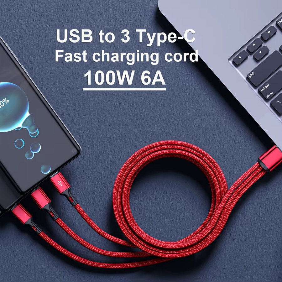 3 in 1 USB zu Typ C Schnellladekabel mit 100W und 6A für Samsung, Huawei, Xiaomi und iPhone, Schwarz - Bild 3