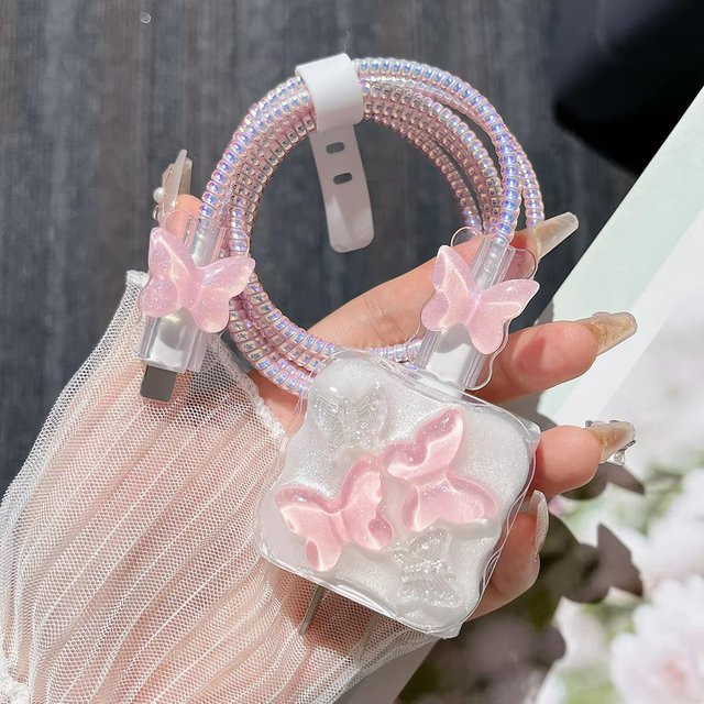 TAOYUNXI Ladekabelschutzhülle mit Schmetterling-Design in Rosa für iPhone Ladekabel und Kabelwickler-Set - Bild 1