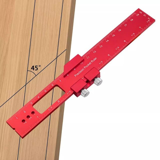 Präzisions-Taschenlineal Typ T in Rot mit metrischer Zoll-Skala und Schiebestopp für die Tischlermarkierung - Bild 1