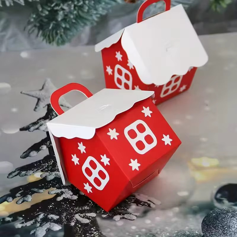 Rote Weihnachtshaus-Papierboxen mit Schneeflocken-Design für Süßigkeiten und Geschenke - Bild 4