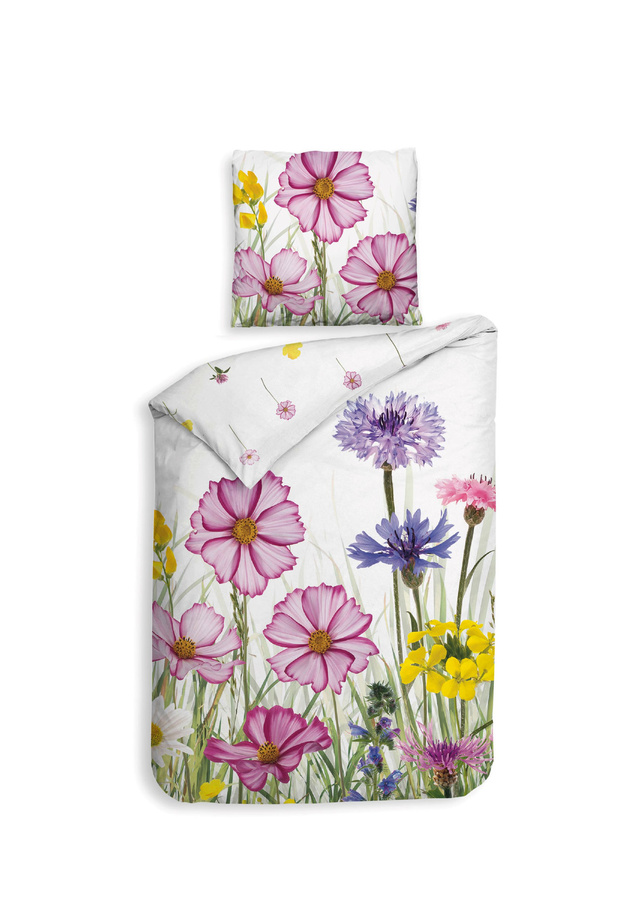 Heckett & Lane Mako-Satin Bettwäsche Campo White mit floralem Blumenwiesen-Design in Weiß, Rosa, Gelb und Blau, B/H: 155 x 220 cm und 80 x 80 cm - Bild 1