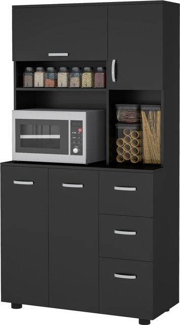 HOMCOM Küchenkommode Mehrzweckschrank mit 4 Türen und 3 Schubladen in Schwarz, B: 89 cm, T: 39,5 cm, H: 168 cm - Bild 1