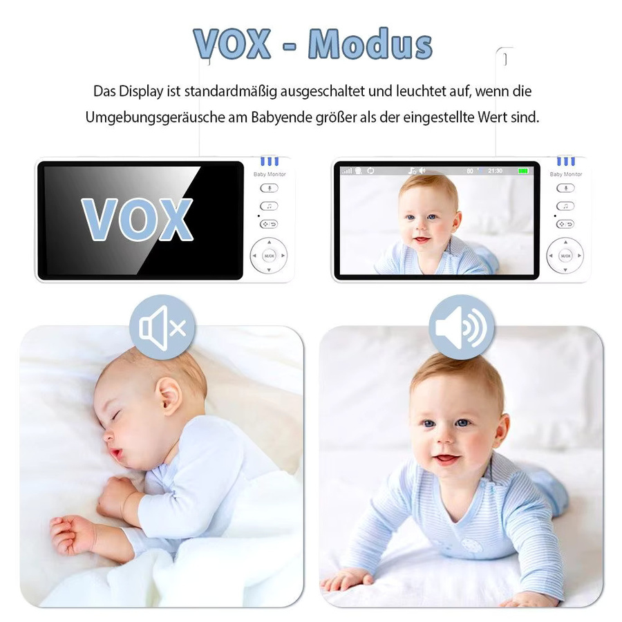 Babyphone mit Kamera 720P HD, 5 Zoll LCD, 355 Grad schwenkbar, Nachtsicht, Zwei-Wege-Audio und VOX-Modus, Weiß, Reichweite 300 m - Bild 3