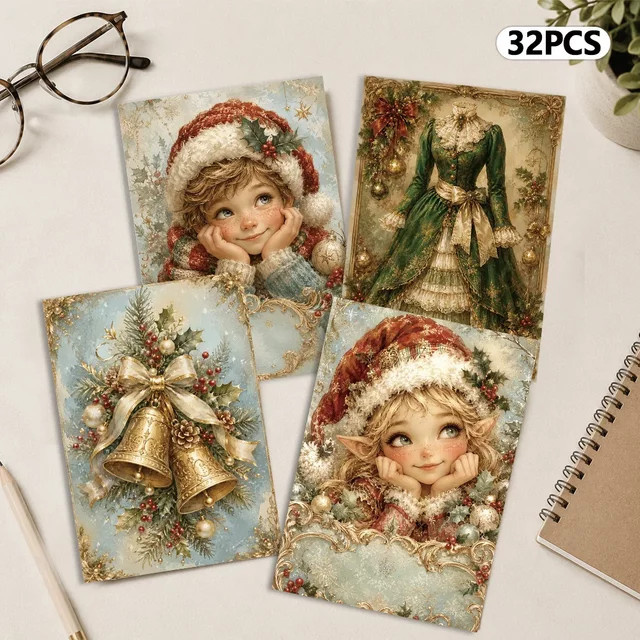 32 Stück Vintage-Weihnachtspostkarten in Blau und Multicolour aus Papier für DIY-Projekte und Wanddekoration - Bild 1