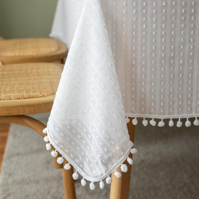 Französische Tischdecke aus Baumwoll-Jacquard in Weiß mit geometrischem Punkt-Schnitt, B/B: 120 x 180 cm - Bild 1