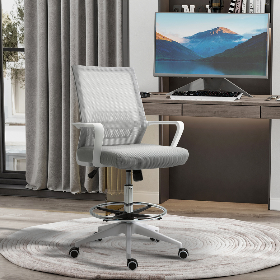 Vinsetto Bürostuhl von Aosom, höhenverstellbarer Bürohocker mit 360° Drehsitz und atmungsaktivem Netzgewebe, Grau und Weiß, T: 59 cm, B: 64 cm, H: 104-124 cm - Bild 2