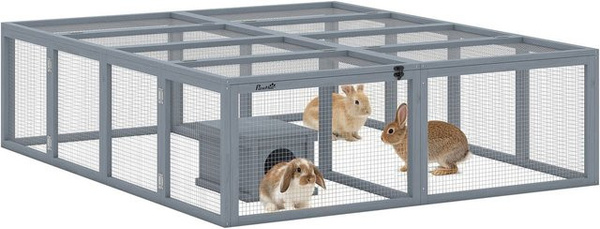 PawHut Freilaufgehege Kaninchenstall aus Tannenholz mit Unterschlupfhaus und 2 Türen, Orange