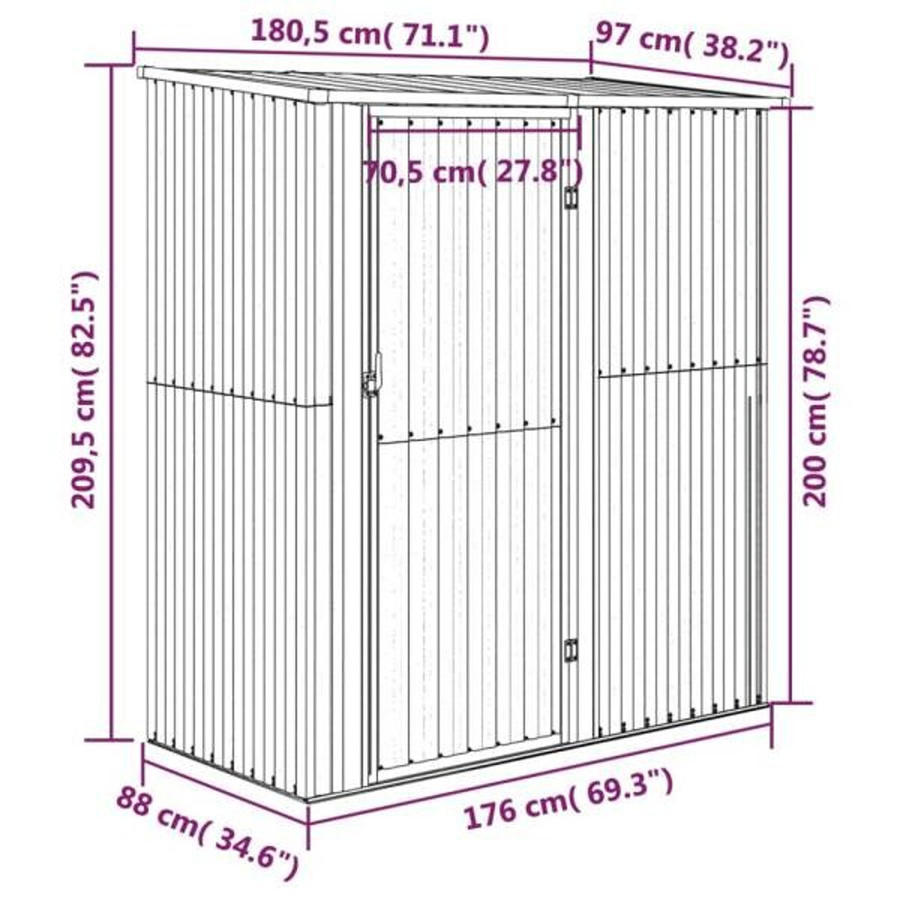 vidaXL Geräteschuppen in Braun aus verzinktem Stahl mit Schrägdach und abschließbarer Tür, B/T/H: 180,5 x 97 x 209,5 cm - Bild 2