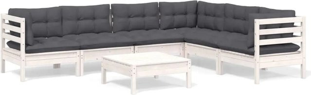 vidaXL 7-tlg. Garten-Lounge-Set aus Kiefer Massivholz in Weiß mit Kissen und Couchtisch - Bild 1