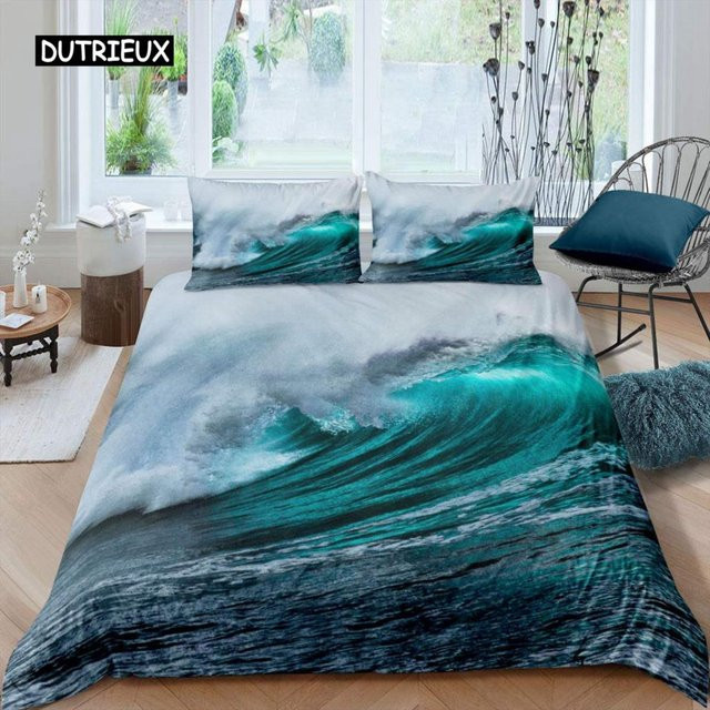 Bettwäsche-Set mit Meereswellen-Motiv von Binchi Outdoor Product in Blau, bestehend aus Bettbezug und Kissenbezug aus Mikrofaser, Breite: 180 cm, Höhe: 210 cm - Bild 1