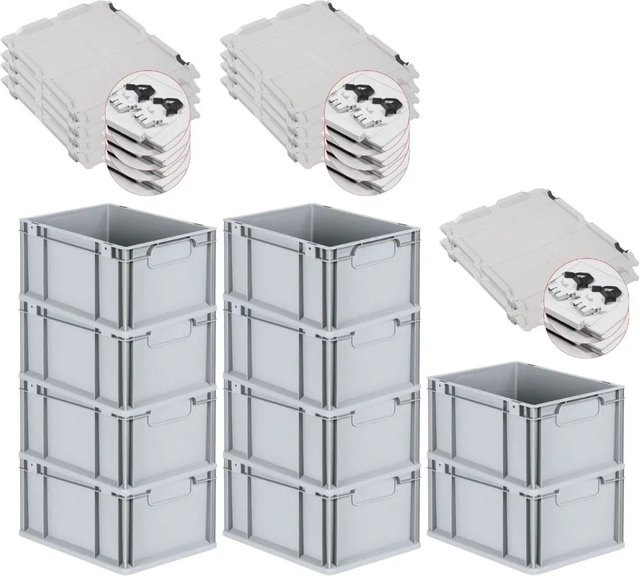 PROREGAL Spar Set 10x Eurobox Nextgen Economy mit Scharnierdeckel und schwarzen Schiebeschnappverschlüssen, Grau/Schwarz, H x B x T: 22 x 30 x 40 cm - Bild 1