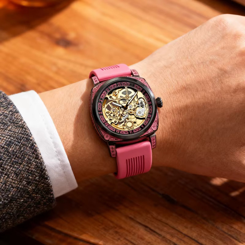 CAROTIF Armbanduhr, mechanisch, Schwarz, Rosa, Silikon, Herren - Bild 5
