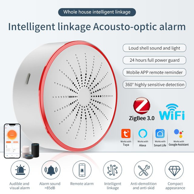 Tuya Smart Home Sicherheitssystem mit Ton- und Lichtalarm, WiFi und ZigBee, kompatibel mit Alexa und Google Assistant, Weiß - Bild 1